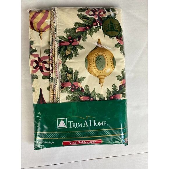 Vintage Vinyl Christmas Holiday Tablecloth Oblong 52" * 70" Ornament Par… - Picture 1 of 2